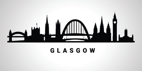 Obraz premium Glasgow cityscape silhouette on a white background, showcasing iconic landmarks like the Clyde Arc, Glasgow Cathedral, and the University of Glasgow tower.