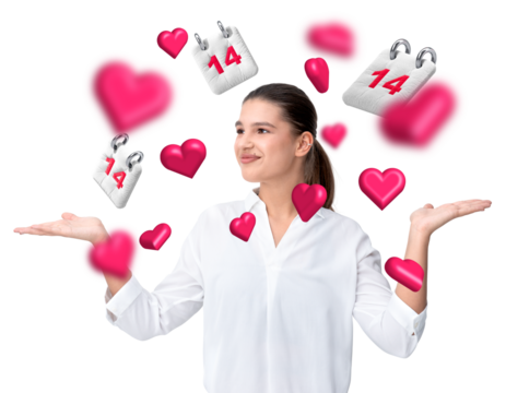 Smiling woman in white shirt surrounded by pink heart icons and calendar symbols marked 14, isolated on white background, concept of Valentine's Day