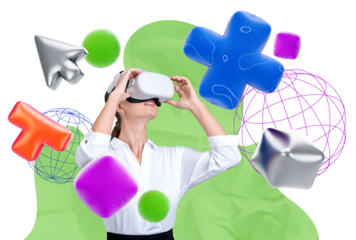 Woman wearing VR headset exploring virtual reality, surrounded by colorful abstract shapes and geometric elements. White background. Concept of VR