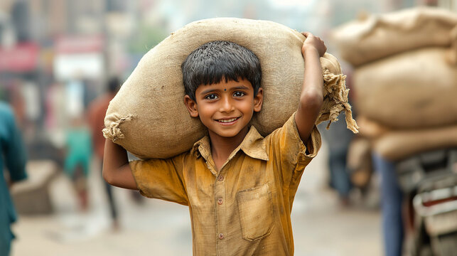 Portrait of a boy carrying baggage in his head.	