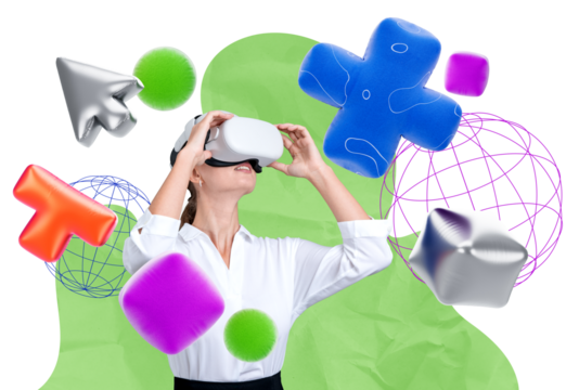 Woman wearing VR headset exploring virtual reality, surrounded by colorful abstract shapes and geometric elements. White background. Concept of VR