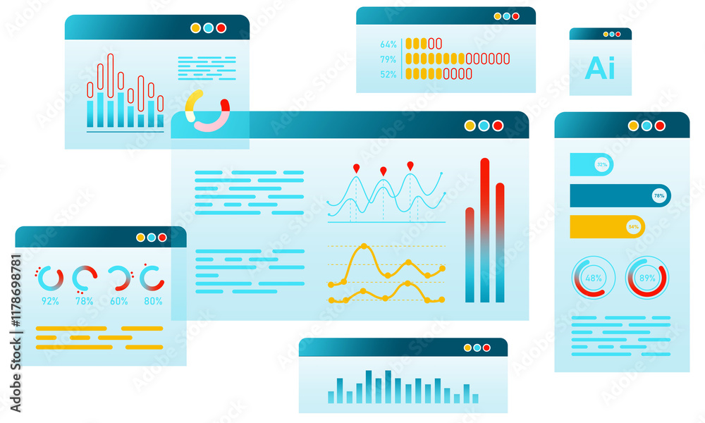 Poster a collection of analytical dashboards displaying colorful charts, bar graphs, and data visualization