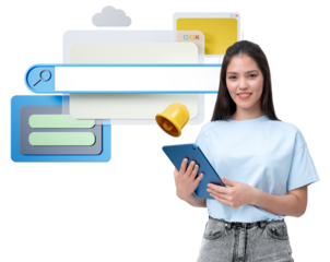 Young woman holding a tablet, surrounded by internet browser elements, isolated on a clean white background. Concept of web search and technology