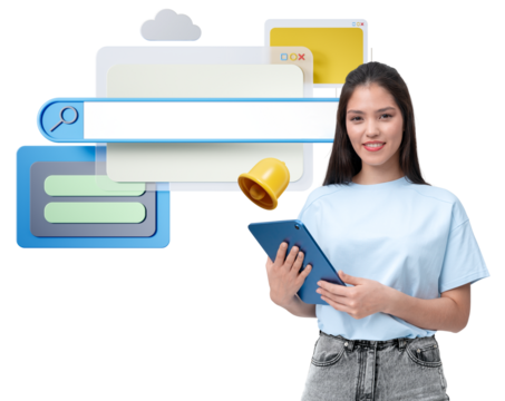 Young woman holding a tablet, surrounded by internet browser elements, isolated on a clean white background. Concept of web search and technology