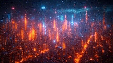 Fototapeta premium A vibrant, futuristic cityscape illuminated by glowing lights in a digital environment.