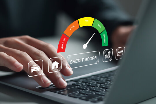 Credit score concept, Online credit score ranking check. student loan, mortgage and payment cards. Businessman using laptop with virtual credit score icon for chart with credit history values.