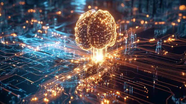 A mesmerizing visualization of a neural network depicted as a glowing brain amidst a web of luminous circuits, showcasing the fusion of technology and intelligence.
