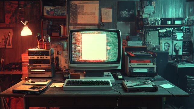 Nostalgic Retro Desk with CRT Monitor and Vintage Electronics in Chaotic Setting