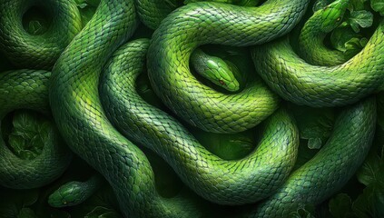 Fototapeta premium Dense Green Snakes Interwoven Among Lush Green Leaves, Showcasing Texture and Color in a Vibrant Natural Environment Perfect for Wildlife and Nature Themes