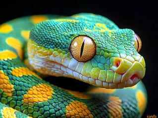 Fototapeta premium Mesmerizing Neon Snake Coiled on Black Background with Vivid Scales and Glowing Eyes