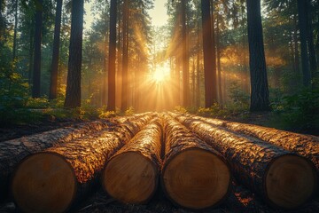 Timber logs in forest clearing surrounded by sawdust and foliage capturing natural craftsmanship