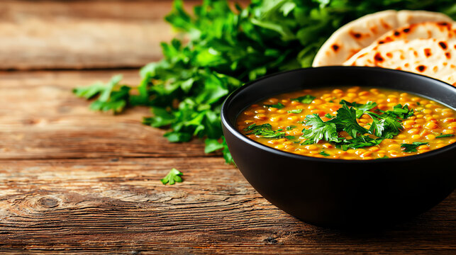 Warm lentil soup with a touch of cumin and a side of soft pita bread, nutritious and filling