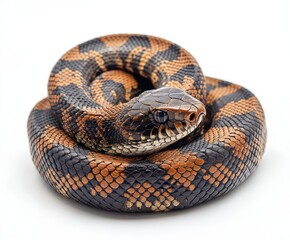 Obraz premium Detailed Close-Up of a Coiled Snake with Vibrant Orange and Black Patterns on Its Scales, Capturing the Intricacies of Nature and Wildlife Photography