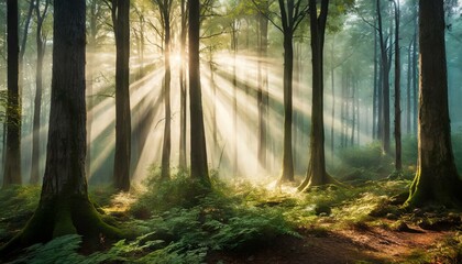 Obraz premium Sunbeams in a Foggy Forest Scene