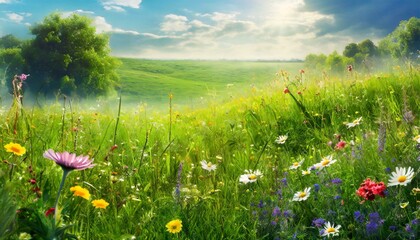 Fototapeta premium Lush Green Meadow with Wildflowers and Gentle Breeze
