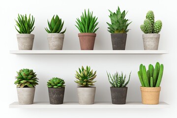 Obraz premium A minimalist display of various potted succulents, showcasing a range of shapes and sizes on white shelves against a clean backdrop.