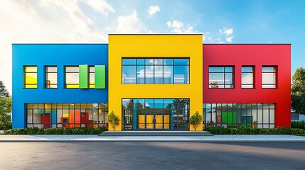 Colorful modern school building exterior.