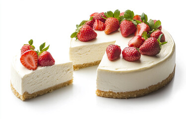 White cheesecake with strawberries and mint
