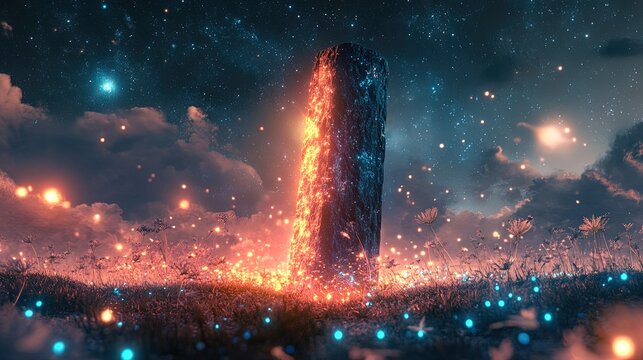 A glowing alien monolith surrounded by bioluminescent grass under a starry sky