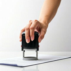 hand holding black stamper over document ready to stamp paperwork