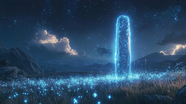 A glowing alien monolith surrounded by bioluminescent grass under a starry sky