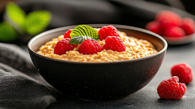 Warm oatmeal with almond butter and mashed raspberries, wholesome and gentle breakfast