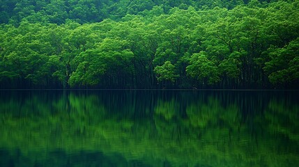 Lush green forest reflected in calm lake.  Perfect nature scene for relaxation, travel brochures.
