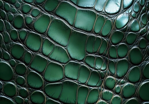 Detailed Close-Up of Textured Green Alligator Leather with Glossy Finish Showing Unique Patterns and Natural Variations for Fashion and Design Projects