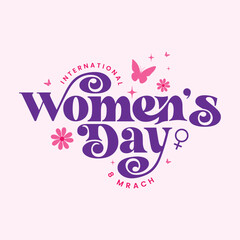 Women's Day card design with decorative text, flowers and butterfly on pink background. 8 March International Women's Day banner, poster, flyer, template. Female holiday sticker, label, tag.