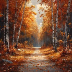 Obraz premium Autumnal Path: A Serene Walk Through Golden Birch Forest