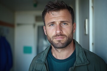 Obraz premium Handsome man with a rugged look standing indoors in a casual setting while gazing thoughtfully into the distance