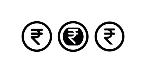 Three Indian Rupee Symbols in Circular Frames. Money bag with rupee icon. Money bag icon. Income growth. Business and finance. Rupee sign. Investment. Cartoon money. Financial savings. Payment.