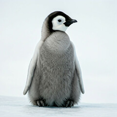 cute baby emperor penguin chick on white snow in antarctica