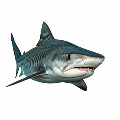 Fototapeta premium close up of tiger shark with open mouth and sharp teeth in blue and white isolated on white background