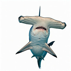 close up of a hammerhead shark swimming underwater with its mouth open  in a white background