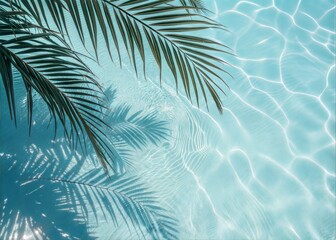 Top View of Blue Calm and Clear Water Surface with Palm Leaf Shadows - Zen and Relaxing Summer Concept