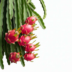 close up of red dragon fruit on cactus plant isolated on white background