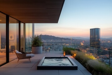Fototapeta premium Luxurious rooftop terrace with city view at sunset featuring hot tub and modern design