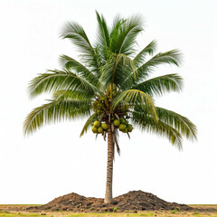 isolated lush green coconut palm tree with coconuts in a tropical setting on a white background