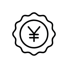 Black and white line art graphic depicting a certified seal with the Yen symbol (¥) in the center. Yen icon and logo. Japanese Yen coin icon on white background.