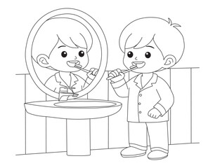 Cute Boy Brushing Teeth Outline Coloring Page. Cute Boy Brushing Teeth Fun Outline Coloring Page for Kids. isolated on white background. linear sketch.