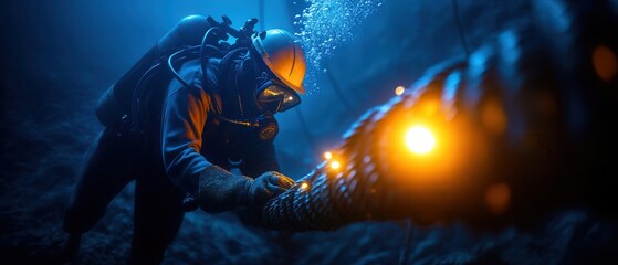 A diver inspects an underwater cable, illuminated by glowing lights, amidst a deep blue marine environment.