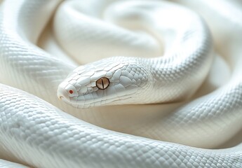 Fototapeta premium Elegant White Snake with Smooth Scales and Striking Eyes on a Soft Background, Capturing the Grace and Beauty of Serpentine Life in Nature
