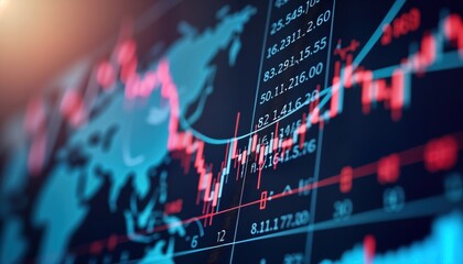Dynamic currency charts illustrate fluctuating Euro, Norwegian Krone, Swiss Franc exchange rates. Global financial market trends displayed on electronic board. Image shows volatility of international