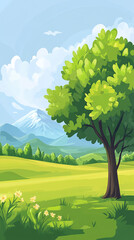 cute rural landscape tree field mountains cartoon vertical background style