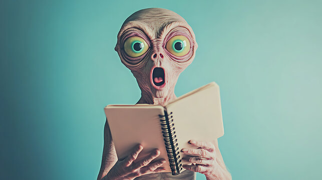 Portrait of Aliens with a surprised face, Focus on appearance, There is a notebook in the middle. concept of The surprise of Aliens on universe background