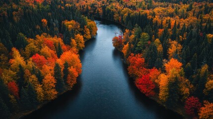 Obraz premium Autumnal River Serenity: Aerial View of a Forest in Vibrant Fall Colors
