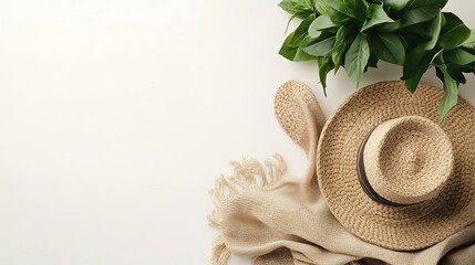 Summer hat, scarf, plant on white. Travel blog, website banner.