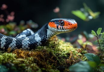 Obraz premium Exotic snake with a striking black and orange pattern resting on vibrant green moss in a lush forest under soft natural light, showcasing nature's beauty.