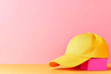 Fototapeta premium Vibrant Yellow Cap on Pink Background: Modern Fashion and Stylish Design